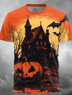 Best OUKU Halloween Men's Optical Illusion Pumpkin 3D T Shirt Short Sleeve T shirt 3D Print Crew Neck Shirt Exaggerated Designer Horror Party Street Holiday Orange 3 Black Orange Summer Spring Clothing Apparel