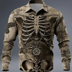 Clearance OUKU Halloween Men's Optical Illusion Skeleton Shirt Button Up Shirt Long Sleeve Dark Punk Gothic Style Outdoor Holiday Summer Spring Turndown 3D Print Collared Shirts Purple Brown