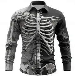 Discount OUKU Halloween Men's Optical Illusion Skeleton Shirt Button Up Shirt Long Sleeve Dark Punk Gothic Style Outdoor Holiday Summer Spring Turndown 3D Print Collared Shirts White+Black Black Brown