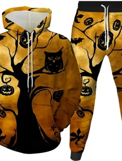 OUKU Halloween Men's Owl Pumpkin 2pcs 3D Sweatshirt Sets Tracksuit Hoodie Sweatshirt Long Sleeve Long pants Hooded Casual Daily Athleisure Festival Outfit 3D Print Spring Fall Winter Yellow Orange