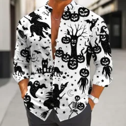 Online OUKU Halloween Men's Pumpkin Bat Halloween Costumes Shirt Stand Collar Shirt Long Sleeve Dark Gothic Style Outdoor Holiday Spring Fall Mandarin Collar Band Collar Button-Down Linen Like Shirt White Blue