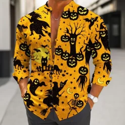 Online OUKU Halloween Men's Pumpkin Bat Halloween Costumes Shirt Stand Collar Shirt Long Sleeve Dark Gothic Style Outdoor Holiday Spring Fall Mandarin Collar Band Collar Button-Down Linen Like Shirt White Blue
