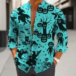 Online OUKU Halloween Men's Pumpkin Bat Halloween Costumes Shirt Stand Collar Shirt Long Sleeve Dark Gothic Style Outdoor Holiday Spring Fall Mandarin Collar Band Collar Button-Down Linen Like Shirt White Blue