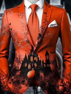 OUKU Halloween Men's Pumpkin Castle Blazer Jacket Comfortable Artistic Casual Party Evening Wear Daily Festival 3D Print Buttons Multi Pocket Spring Fall & Winter Notch Long Sleeve Red Purple Orange