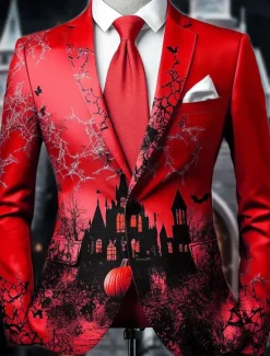 OUKU Halloween Men's Pumpkin Castle Blazer Jacket Comfortable Artistic Casual Party Evening Wear Daily Festival 3D Print Buttons Multi Pocket Spring Fall & Winter Notch Long Sleeve Red Purple Orange