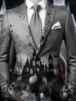 OUKU Halloween Men's Pumpkin Castle Blazer Jacket Comfortable Artistic Casual Party Evening Wear Daily Festival 3D Print Buttons Multi Pocket Spring Fall & Winter Notch Long Sleeve Red Purple Orange