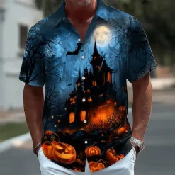 OUKU Halloween Men's Pumpkin Cemetery Halloween Costumes Shirt Button Up Shirt Short Sleeve Dark Punk Gothic Style Holiday Streetwear Summer Spring Turndown 3D Print Collared Shirts Dark Blue#1 Dark Blue