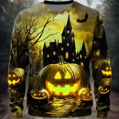 New OUKU Halloween Men's Pumpkin Cemetery Sweatshirt Punk Party Long Sleeve Crew Neck Vacation Yellow Blue Crewneck 3D All Seasons Designer