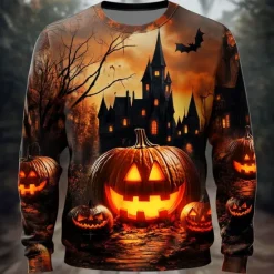 New OUKU Halloween Men's Pumpkin Cemetery Sweatshirt Punk Party Long Sleeve Crew Neck Vacation Yellow Blue Crewneck 3D All Seasons Designer