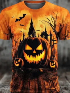 New OUKU Halloween Men's Pumpkin 3D T Shirt Short Sleeve T shirt 3D Print Crew Neck Shirt Fashion Exaggerated Designer Party Street Casual Orange 3 Orange Orange 2 Summer Spring Fall Clothing Apparel S M L XL