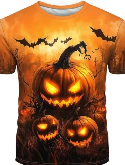 New OUKU Halloween Men's Pumpkin 3D T Shirt Short Sleeve T shirt 3D Print Crew Neck Shirt Fashion Exaggerated Designer Party Street Casual Orange 3 Orange Orange 2 Summer Spring Fall Clothing Apparel S M L XL