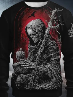 Outlet OUKU Halloween Men's Pumpkin Devil Reaper Sweatshirt Punk Party Long Sleeve Crew Neck Vacation Holiday Black 1 Black Crewneck 3D Graphic All Seasons Designer