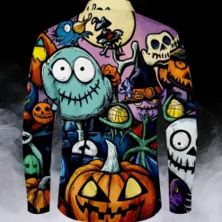 Clearance OUKU Halloween Men's Pumpkin Grimace Halloween Costumes Button Up Shirt Long Sleeve Casual Dark Party Evening Wear Fall Winter Spring & Summer Shirt Collar Button Up 3D Print Multi Color