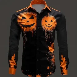 Online OUKU Halloween Men's Pumpkin Grimace Halloween Costumes Button Up Shirt Long Sleeve Casual Party Evening Wear Fall Winter Spring & Summer Turndown Shirt Collar Button Up 3D Print Orange