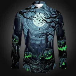 OUKU Halloween Men's Pumpkin Grimace Halloween Costumes Shirt Button Up Shirt Long Sleeve Horror Dark Party Evening Wear Fall Winter Spring & Summer Turndown Shirt Collar Button Up 3D Print Black Red Blue