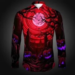 OUKU Halloween Men's Pumpkin Grimace Halloween Costumes Shirt Button Up Shirt Long Sleeve Horror Dark Party Evening Wear Fall Winter Spring & Summer Turndown Shirt Collar Button Up 3D Print Black Red Blue