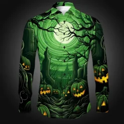 OUKU Halloween Men's Pumpkin Grimace Halloween Costumes Shirt Button Up Shirt Long Sleeve Horror Dark Party Evening Wear Fall Winter Spring & Summer Turndown Shirt Collar Button Up 3D Print Black Red Blue