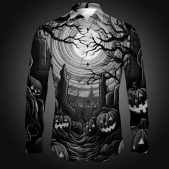 OUKU Halloween Men's Pumpkin Grimace Halloween Costumes Shirt Button Up Shirt Long Sleeve Horror Dark Party Evening Wear Fall Winter Spring & Summer Turndown Shirt Collar Button Up 3D Print Black Red Blue