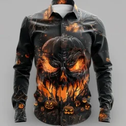 OUKU Halloween Men's Pumpkin Grimace Halloween Costumes Shirt Button Up Shirt Long Sleeve Casual Dark Party Evening Wear Fall Winter Spring & Summer Turndown Shirt Collar Button Up 3D Print Black