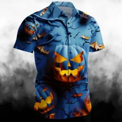 Discount OUKU Halloween Men's Pumpkin Grimace Halloween Costumes Shirt Button Up Shirt Short Sleeve Casual Dark Party Evening Wear Summer Turndown Collared Shirts Button Up 3D Print Blue Purple