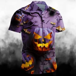 Discount OUKU Halloween Men's Pumpkin Grimace Halloween Costumes Shirt Button Up Shirt Short Sleeve Casual Dark Party Evening Wear Summer Turndown Collared Shirts Button Up 3D Print Blue Purple