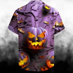 Discount OUKU Halloween Men's Pumpkin Grimace Halloween Costumes Shirt Button Up Shirt Short Sleeve Casual Dark Party Evening Wear Summer Turndown Collared Shirts Button Up 3D Print Blue Purple