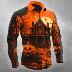OUKU Halloween Men's Pumpkin Haunted House Jack-o'-lantern Shirt Button Up Shirt Long Sleeve Dark Gothic Style Outdoor Holiday Spring Fall Turndown 3D Print Collared Shirts Orange red Orange yellow Black