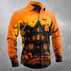 Sale OUKU Halloween Men's Pumpkin Haunted House Jack-o'-lantern Shirt Button Up Shirt Long Sleeve Dark Gothic Style Outdoor Holiday Spring Fall Turndown 3D Print Collared Shirts Orange red Orange yellow Black
