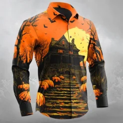 Sale OUKU Halloween Men's Pumpkin Haunted House Jack-o'-lantern Shirt Button Up Shirt Long Sleeve Dark Gothic Style Outdoor Holiday Spring Fall Turndown 3D Print Collared Shirts Orange red Orange yellow Black