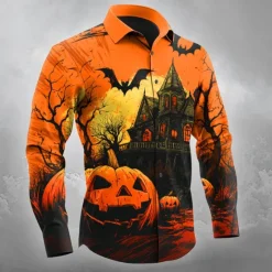 Sale OUKU Halloween Men's Pumpkin Haunted House Jack-o'-lantern Shirt Button Up Shirt Long Sleeve Dark Gothic Style Outdoor Holiday Spring Fall Turndown 3D Print Collared Shirts Orange red Orange yellow Black
