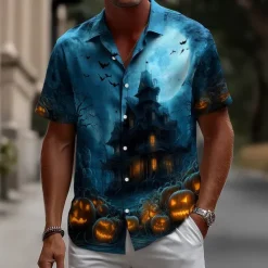 Clearance OUKU Halloween Men's Pumpkin Haunted House Halloween Costumes Shirt Button Up Shirt Short Sleeve Dark Punk Gothic Style Holiday Streetwear Summer Spring Turndown 3D Print Collared Shirts Blue 2# Blue 1