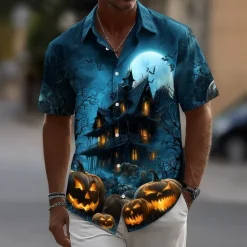 Clearance OUKU Halloween Men's Pumpkin Haunted House Halloween Costumes Shirt Button Up Shirt Short Sleeve Dark Punk Gothic Style Holiday Streetwear Summer Spring Turndown 3D Print Collared Shirts Blue 2# Blue 1