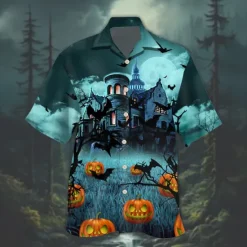 OUKU Halloween Men's Pumpkin Haunted House Halloween Costumes Shirt Cuban Collar Shirt Button Up Shirt Short Sleeve Dark Punk Gothic Style Holiday Streetwear Summer Camp Collar Shirt 3D Print Blue Green