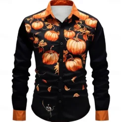 New OUKU Halloween Men's Pumpkin Halloween Costumes Button Up Shirt Long Sleeve Casual Party Evening Wear Fall Winter Spring & Summer Turndown Shirt Collar Button Up 3D Print Orange