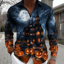 Hot OUKU Halloween Men's Pumpkin Haunted House Halloween Costumes Shirt Button Up Shirt Long Sleeve Casual Outdoor Holiday Summer Spring Turndown 3D Print Collared Shirts Green Dark Blue