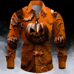 Hot OUKU Halloween Men's Pumpkin Halloween Costumes Button Up Shirt Long Sleeve Horror Party Evening Wear Fall Winter Spring & Summer Shirt Collar 3D Print Orange