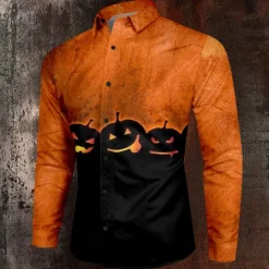 New OUKU Halloween Men's Pumpkin Halloween Costumes Shirt Button Up Shirt Long Sleeve Casual Dark Party Evening Wear Fall Winter Spring & Summer Turndown Shirt Collar Button Up 3D Print Orange