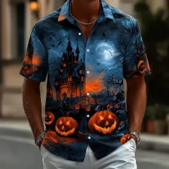 Online OUKU Halloween Men's Pumpkin Haunted House Halloween Costumes Shirt Button Up Shirt Short Sleeve Dark Punk Gothic Style Holiday Streetwear Summer Spring Turndown 3D Print Collared Shirts Blue Dark Blue