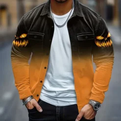 Best OUKU Halloween Men's Pumpkin Halloween Costumes Corduroy Shirt Shirt Jacket Overshirt Long Sleeve Dark Gothic Style Holiday Fall Winter Turndown Button-Down Warm Jacket with Flap Pockets Blue Purple