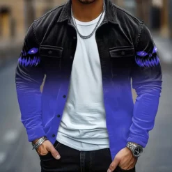 Best OUKU Halloween Men's Pumpkin Halloween Costumes Corduroy Shirt Shirt Jacket Overshirt Long Sleeve Dark Gothic Style Holiday Fall Winter Turndown Button-Down Warm Jacket with Flap Pockets Blue Purple