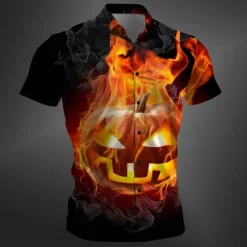 New OUKU Halloween Men's Pumpkin Halloween Costumes Shirt Button Up Shirt Short Sleeve Casual Dark Party Evening Wear Daily Summer Winter Spring & Fall Turndown Button Up 3D Print Red Purple Orange Green