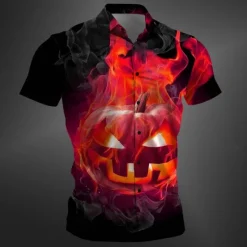 New OUKU Halloween Men's Pumpkin Halloween Costumes Shirt Button Up Shirt Short Sleeve Casual Dark Party Evening Wear Daily Summer Winter Spring & Fall Turndown Button Up 3D Print Red Purple Orange Green