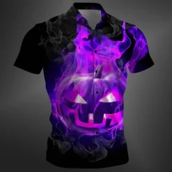 New OUKU Halloween Men's Pumpkin Halloween Costumes Shirt Button Up Shirt Short Sleeve Casual Dark Party Evening Wear Daily Summer Winter Spring & Fall Turndown Button Up 3D Print Red Purple Orange Green