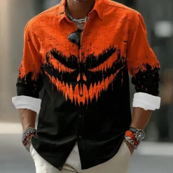 Hot OUKU Halloween Men's Pumpkin Halloween Costumes Shirt Button Up Shirt Long Sleeve Dark Gothic Style Outdoor Holiday Spring Fall Turndown 3D Print Front One Pocket Linen Like Shirt Black / Orange Orange