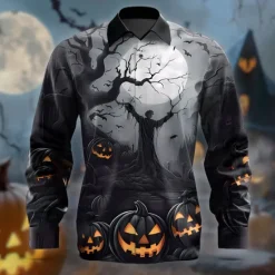 OUKU Halloween Men's Pumpkin Halloween Costumes Button Up Shirt Long Sleeve Horror Party Evening Wear Fall Winter Spring & Summer Shirt Collar 3D Print Black