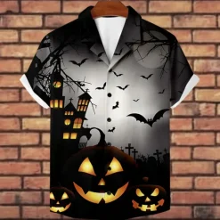 Best OUKU Halloween Men's Pumpkin Halloween Costumes Button Up Shirt Short Sleeve Horror Party Evening Wear Summer Camp Collar Cuban Collar Pocket 3D Print Black Blue Orange