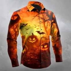 Sale OUKU Halloween Men's Pumpkin Halloween Costumes Jack-o'-lantern Shirt Button Up Shirt Long Sleeve Dark Gothic Style Outdoor Holiday Spring Fall Turndown 3D Print Collared Shirts Orange red Yellow Black