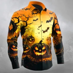 Sale OUKU Halloween Men's Pumpkin Halloween Costumes Jack-o'-lantern Shirt Button Up Shirt Long Sleeve Dark Gothic Style Outdoor Holiday Spring Fall Turndown 3D Print Collared Shirts Orange red Yellow Black