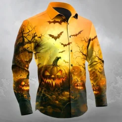 Sale OUKU Halloween Men's Pumpkin Halloween Costumes Jack-o'-lantern Shirt Button Up Shirt Long Sleeve Dark Gothic Style Outdoor Holiday Spring Fall Turndown 3D Print Collared Shirts Orange red Yellow Black