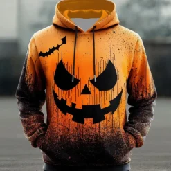 OUKU Halloween Men's Pumpkin Hoodies Fashion Cowboy Long Sleeve Hooded Pocket 3D Print Fall Winter Designer Orange